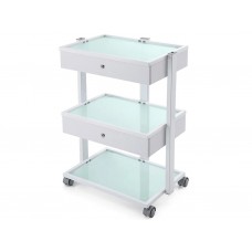 2380. Kozmetikai eszköztartó kocsi üvegpolcos, zárható fiókokkal